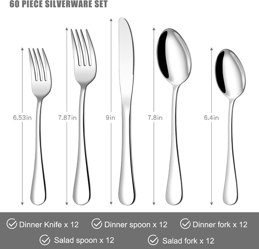 Compralo Silverware Set for 12, Stainless Steel 60 Piece Flatware Set