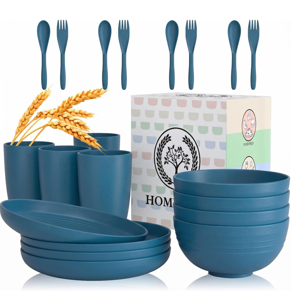 Homienly Wheat Straw Dinnerware Sets 20 PCS Plates and Bowls Sets Microwave and Dishwasher Safe Dish Set Unbreakable Camping Dish Set Cups and Plates Sets for Kitchen, Picnic, RV (Multilight)