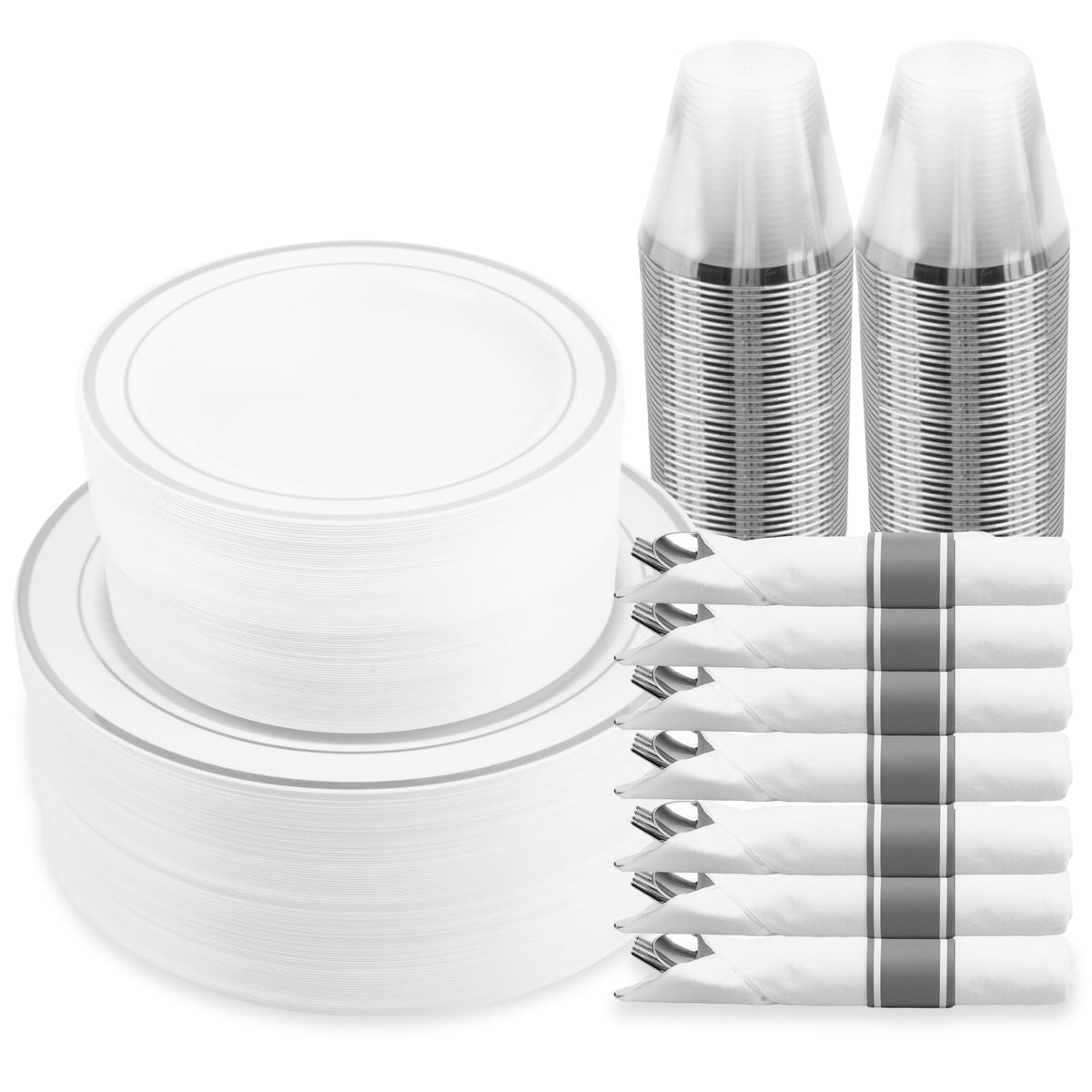M MCIRCO 350 Piece Gold Dinnerware Set,100 Plastic Plates, 50 Cups,50 Pre Rolled Napkins with Plastic Silverware, Disposable Gold Dinnerware Set for 50 Guest