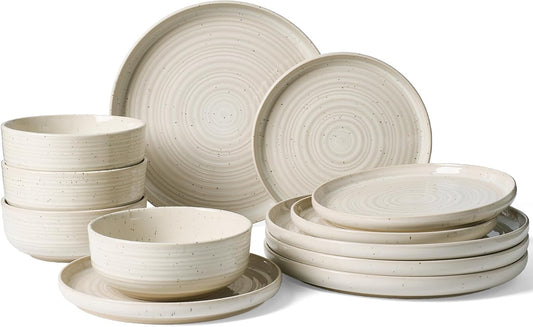 Stoneware Dinnerware Sets for 4, Reactive Glaze Plates & Bowls, Shell Beige