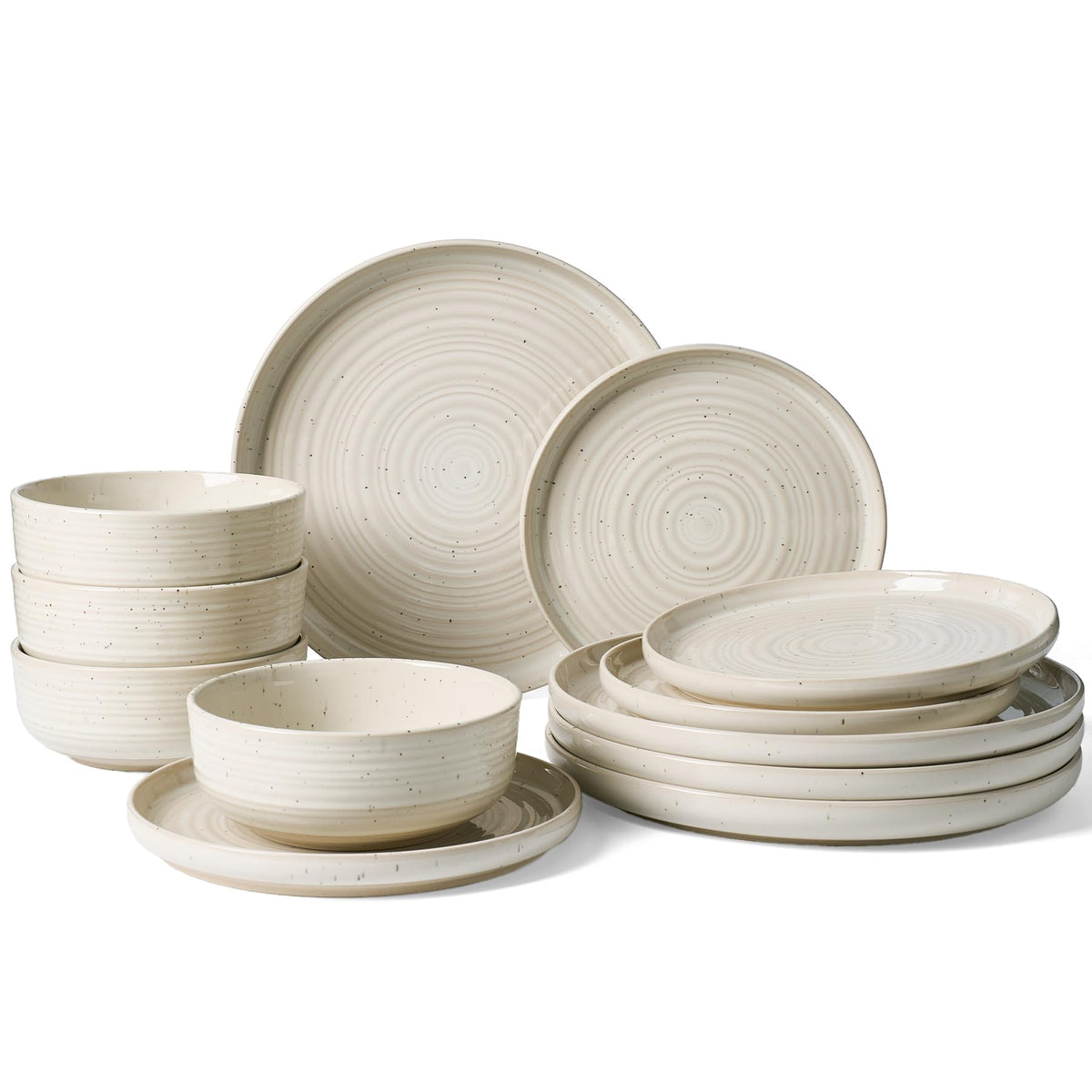 Stoneware Dinnerware Sets for 4, Reactive Glaze Plates & Bowls, Shell Beige