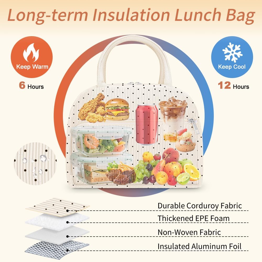 Coobiiya Lunch Bag Lunch Box for Women Men, Reusable Cute Corduroy Lunchbag - Leakproof, Insulated LunchBox Tote with Large Capacity, Dot