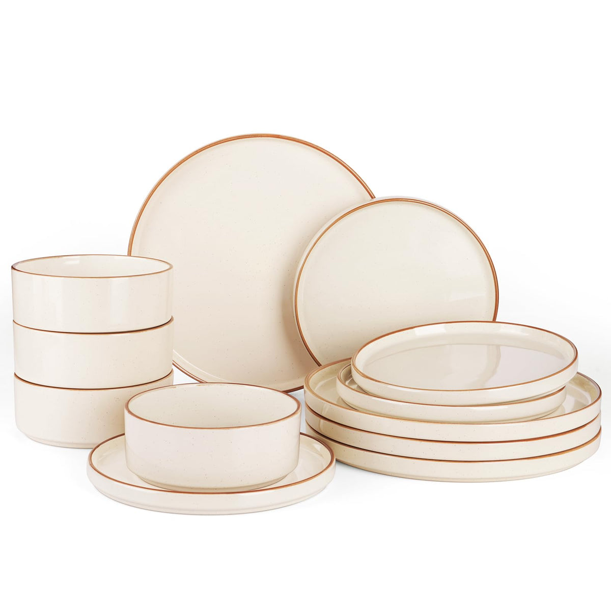 Famiware Nebula Plates and Bowls, 12-Piece Dinnerware Set, Cinnamon Brown