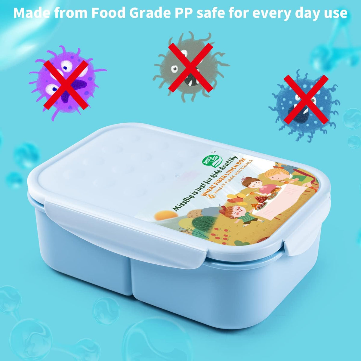 MISS BIG® Large Bento Lunch Box for Adults, 1900ml, 3 Compartments, Blue