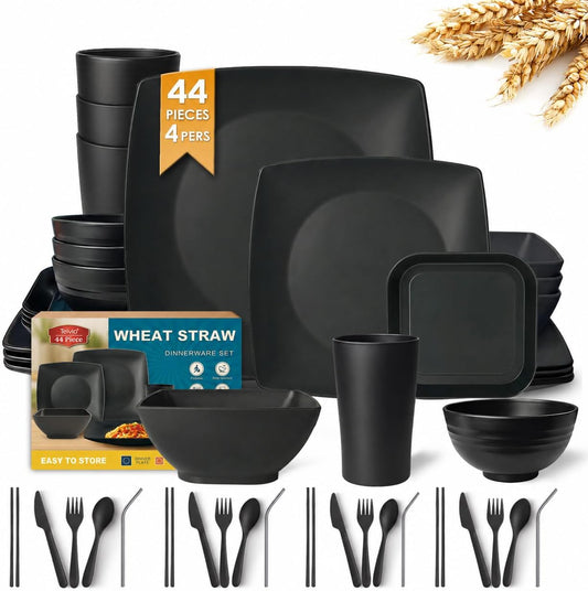 Teivio 44-piece With Flatware Plates and Bowls Sets, Black Dishes Set for 4