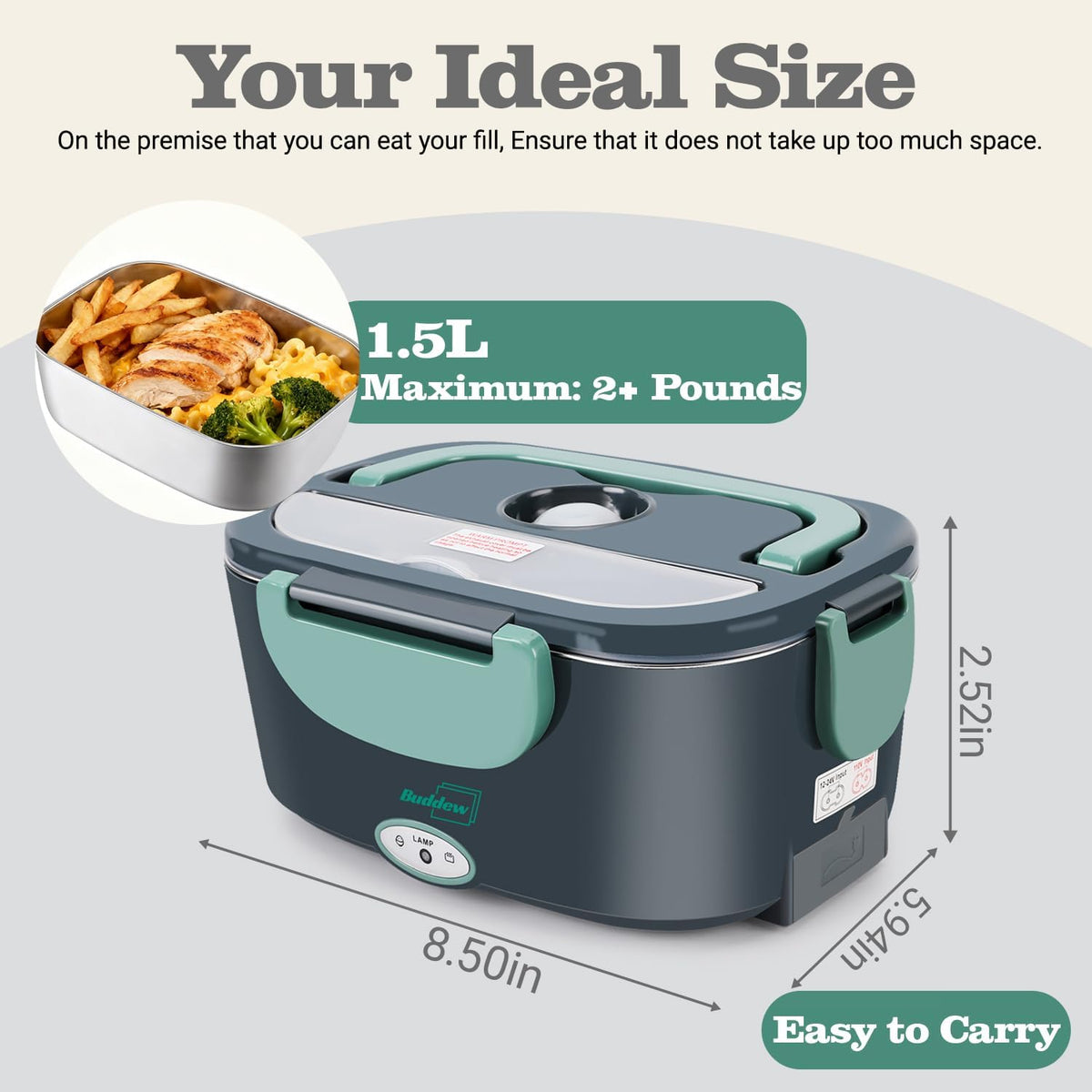 Buddew Electric Heated Lunch Box, 100W Fast Heating, 1.5L Food-Grade 304 Stainless Steel, 12V/24V/110V Portable Food Warmer for Car Truck Office Adults, Lonchera Electrica Portatil (Green)