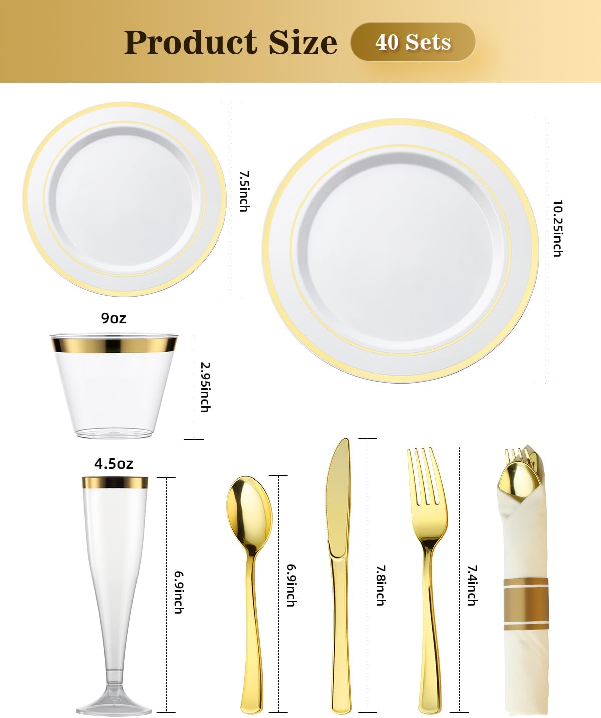 Goodluck 320PCS Gold Plates Sets, Fancy Disposable Dinnerware for 40 Guests