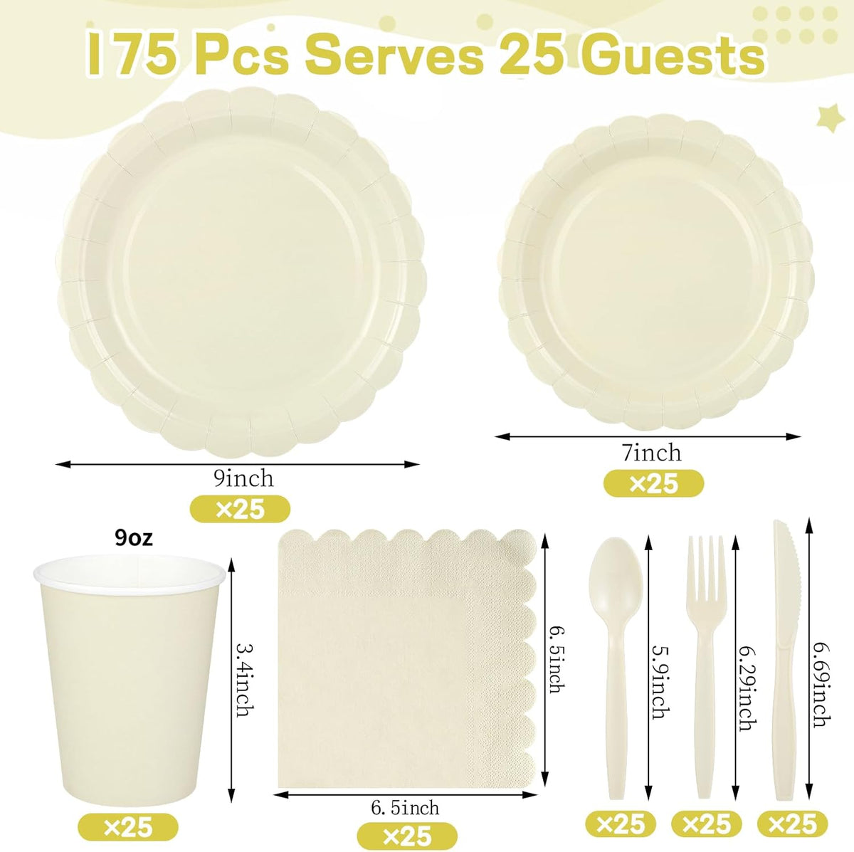 25 Set Party Plates and Cups and Napkins Ivory Scalloped Dinnerware