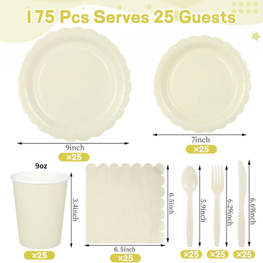 25 Set Party Plates and Cups and Napkins Ivory Scalloped Dinnerware