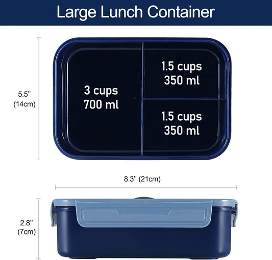 Caperci Classic Bento Box Adult Lunch Box for Older Kids - Leakpoof 47 oz 3-Compartment Containers for Adults and Teens, Built-in Utensil Set, Ideal for On-the-Go Balanced Eating, Navy Blue