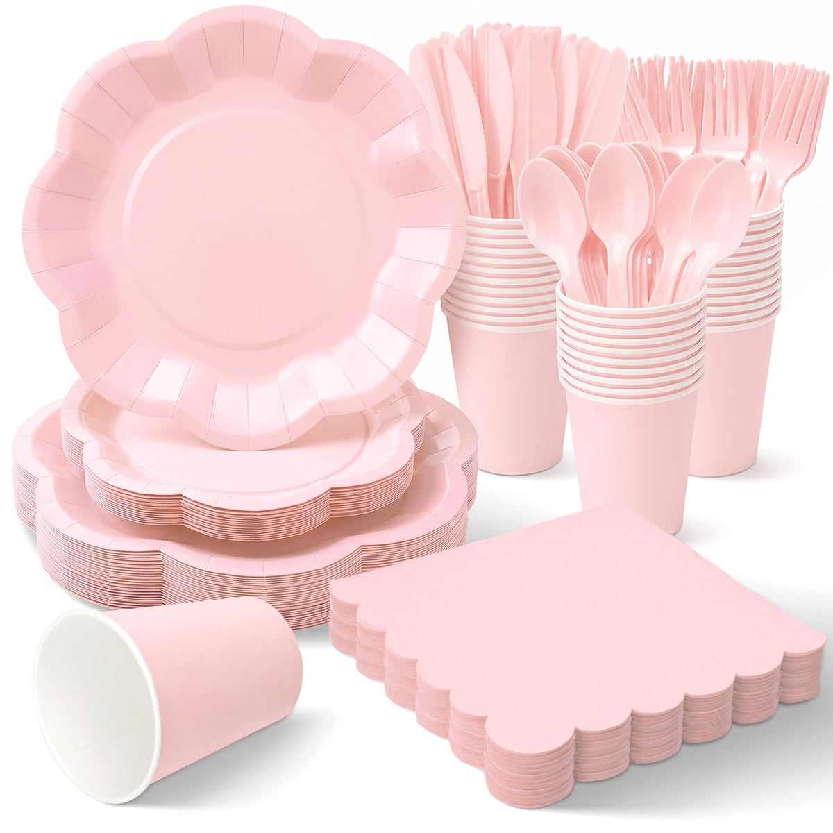 Vyntra Ivory Paper Plates, Cups & Napkins, 350 Pcs Scalloped Party Set