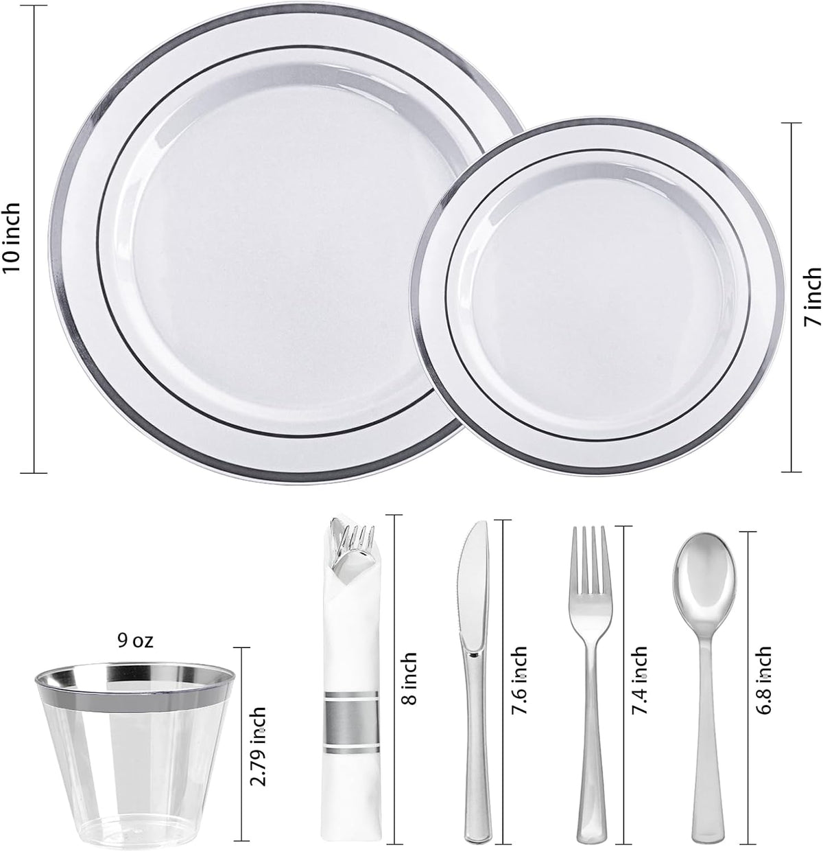 realluck 350 PCS White and Silver Plastic Dinnerware Set for 50 Guests, 100 Disposable Plates for Party, 50 Pre Rolled Napkins with Silver Silverware, 50 Cups