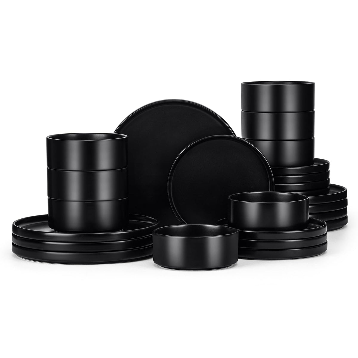 E-far Stoneware Dinnerware Sets, 12-Piece Black Plates and Bowls Set for 4