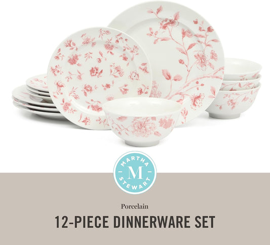 Martha Stewart Empress Bouquet 12-Piece Decorated Porcelain Chip and Scratch Resistant Dinnerware Plates and Bowls Set - Pink Floral
