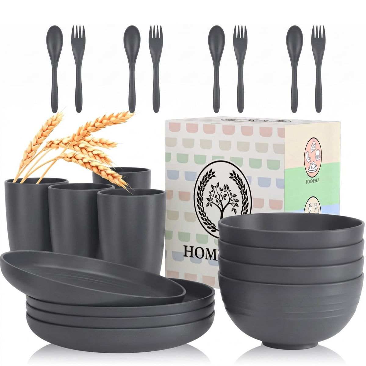 Homienly Wheat Straw Dinnerware Sets 20 PCS Plates and Bowls Sets Microwave and Dishwasher Safe Dish Set Unbreakable Camping Dish Set Cups and Plates Sets for Kitchen, Picnic, RV (Multilight)