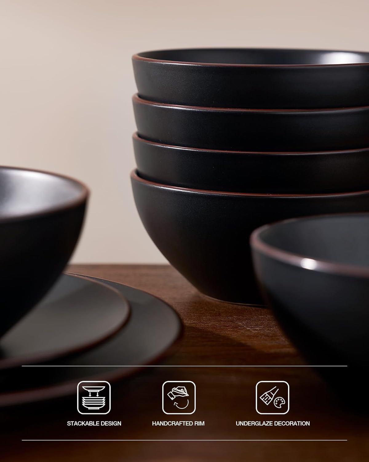 Famiware Venus Plates and Bowls Sets, 12pcs Stoneware Dinnerware Set for 4