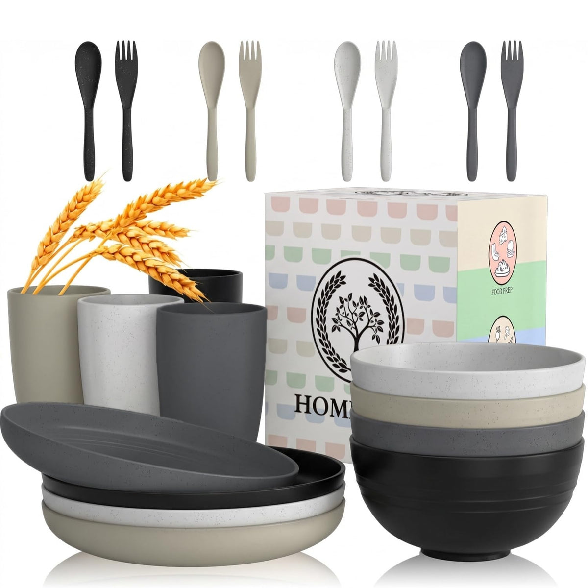 Homienly Wheat Straw Dinnerware Sets 20 PCS Plates and Bowls Sets Microwave and Dishwasher Safe Dish Set Unbreakable Camping Dish Set Cups and Plates Sets for Kitchen, Picnic, RV (Multilight)