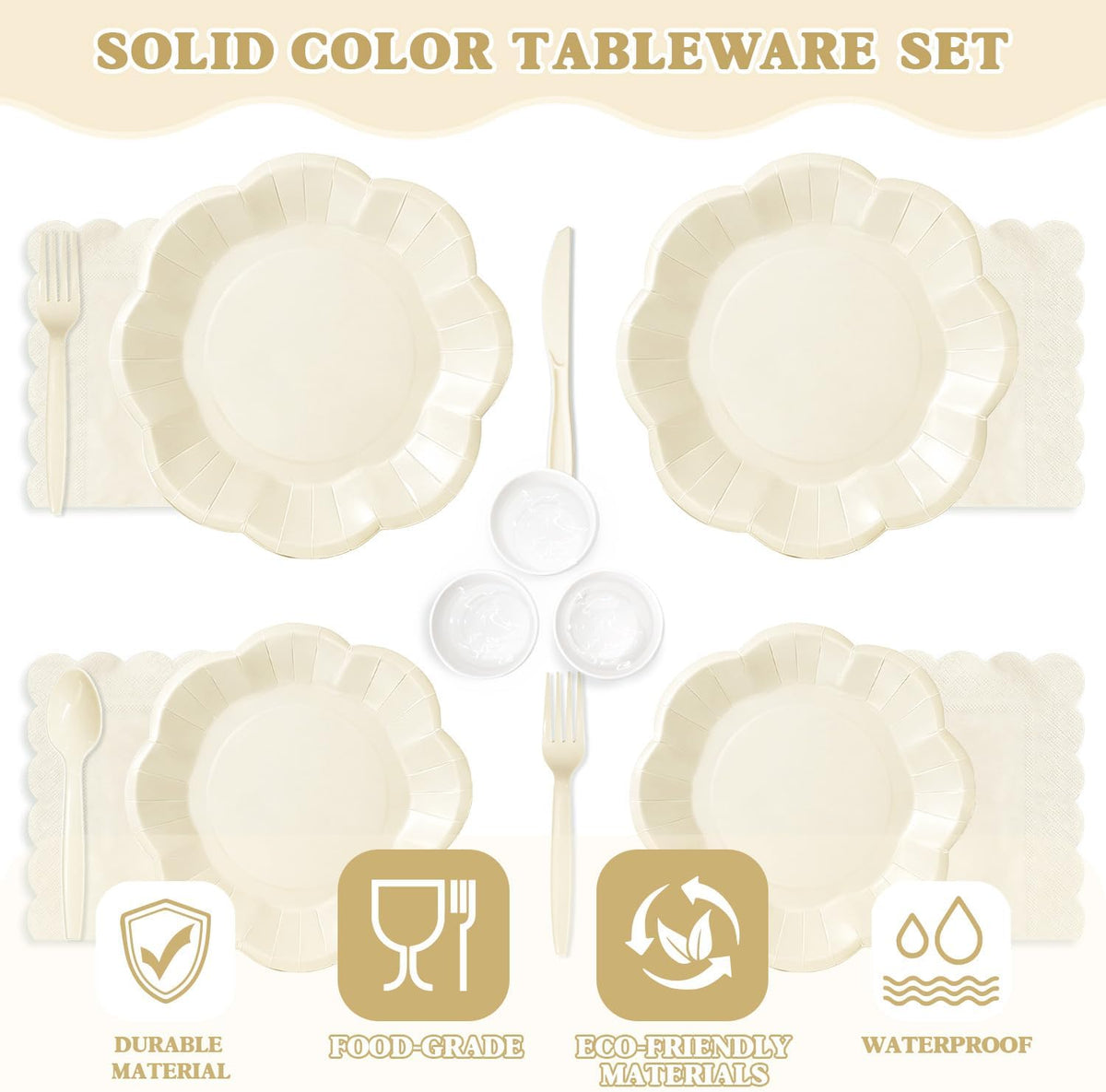 Vyntra Ivory Paper Plates, Cups & Napkins, 350 Pcs Scalloped Party Set