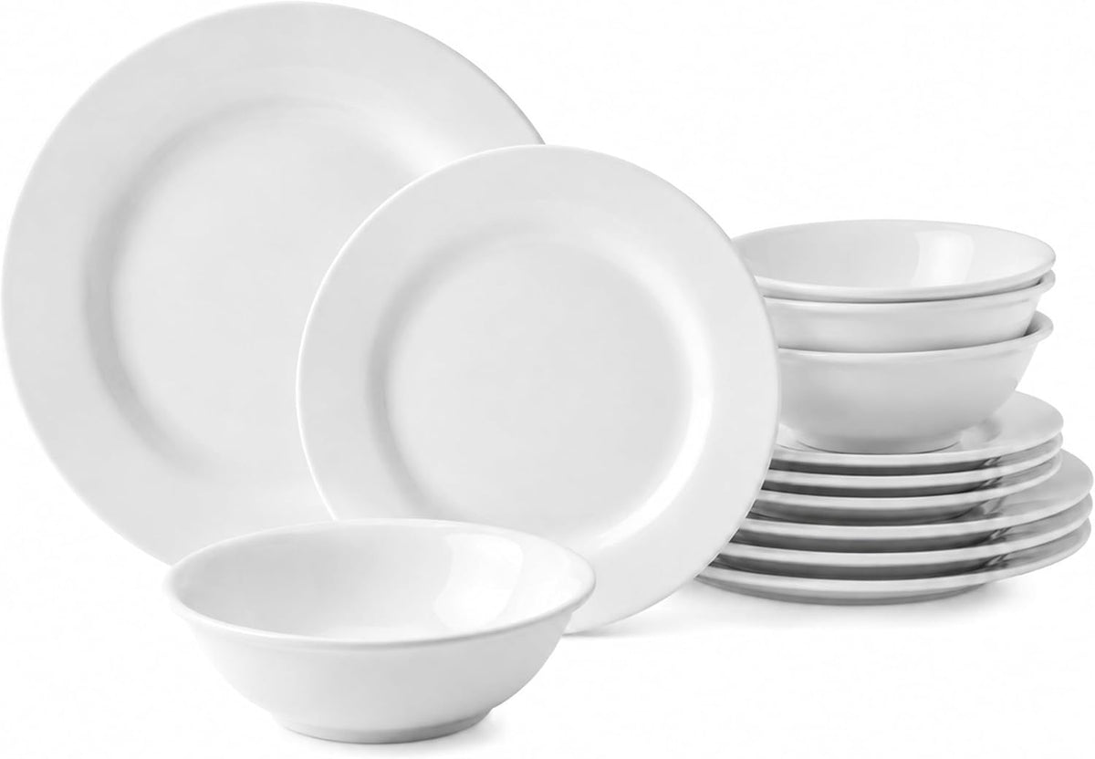 Melamine Dinnerware Sets-12 Pcs Dinner Dishes Set for 4,white melamine dinner plates set of 12,rv white plates set, kitchen plates and bowls set,Dishwasher Safe, Unbreakable,lightweight