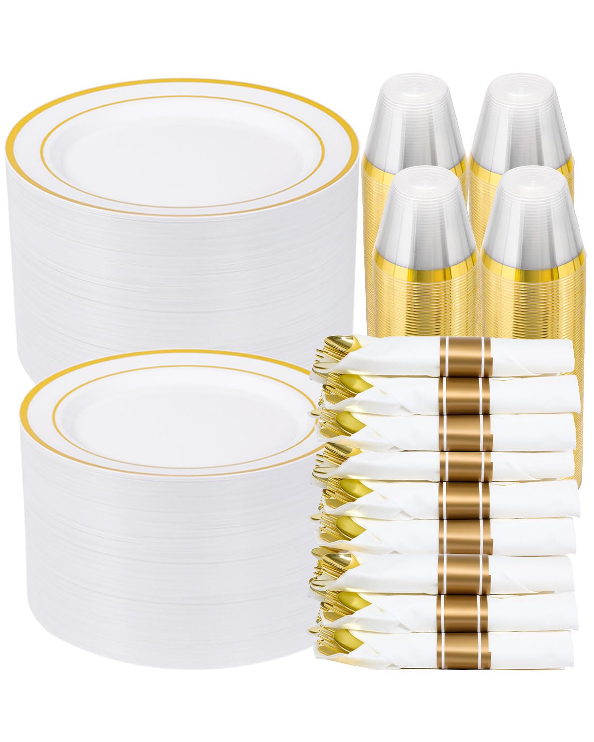 realluck 350 PCS White and Silver Plastic Dinnerware Set for 50 Guests, 100 Disposable Plates for Party, 50 Pre Rolled Napkins with Silver Silverware, 50 Cups