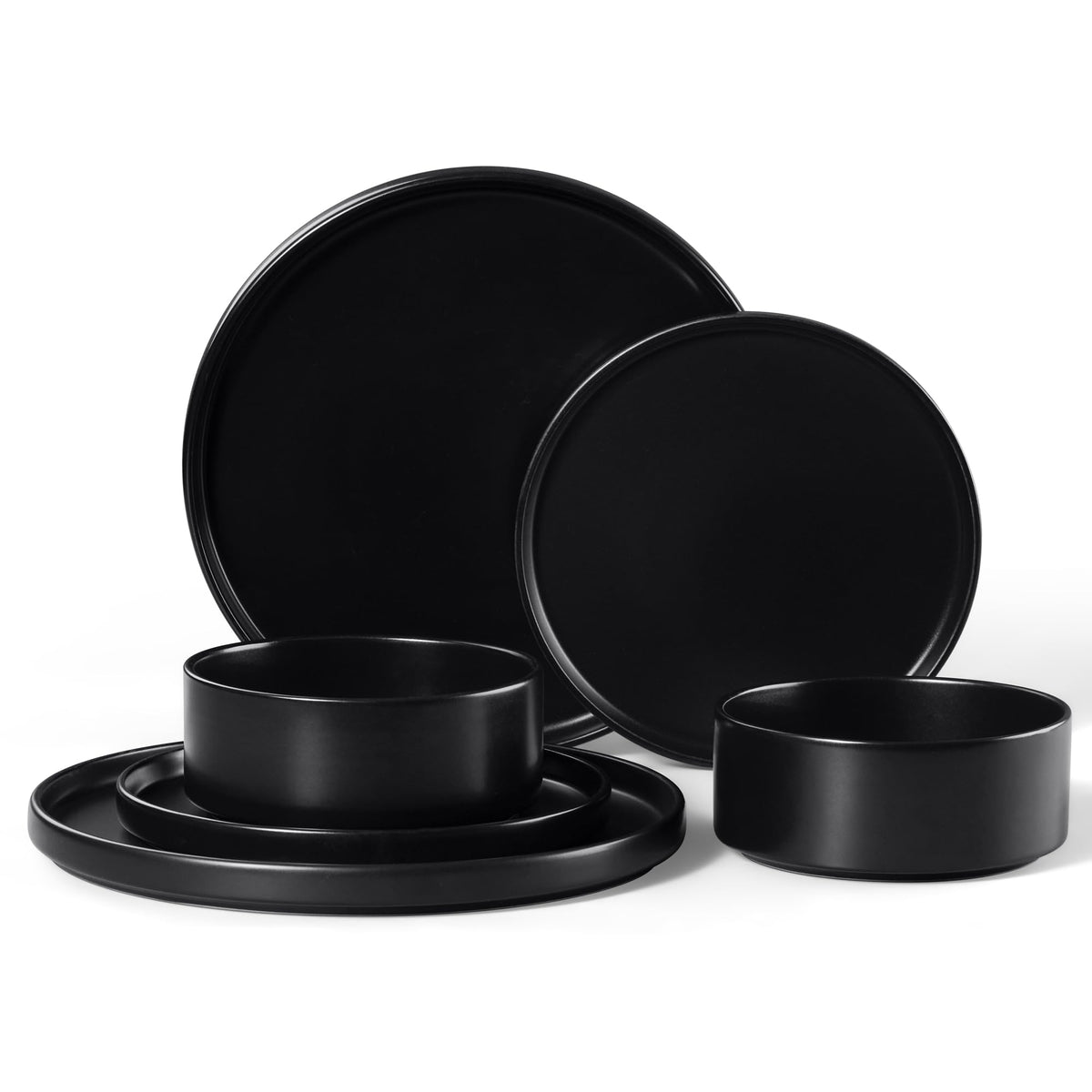 E-far Stoneware Dinnerware Sets, 12-Piece Black Plates and Bowls Set for 4