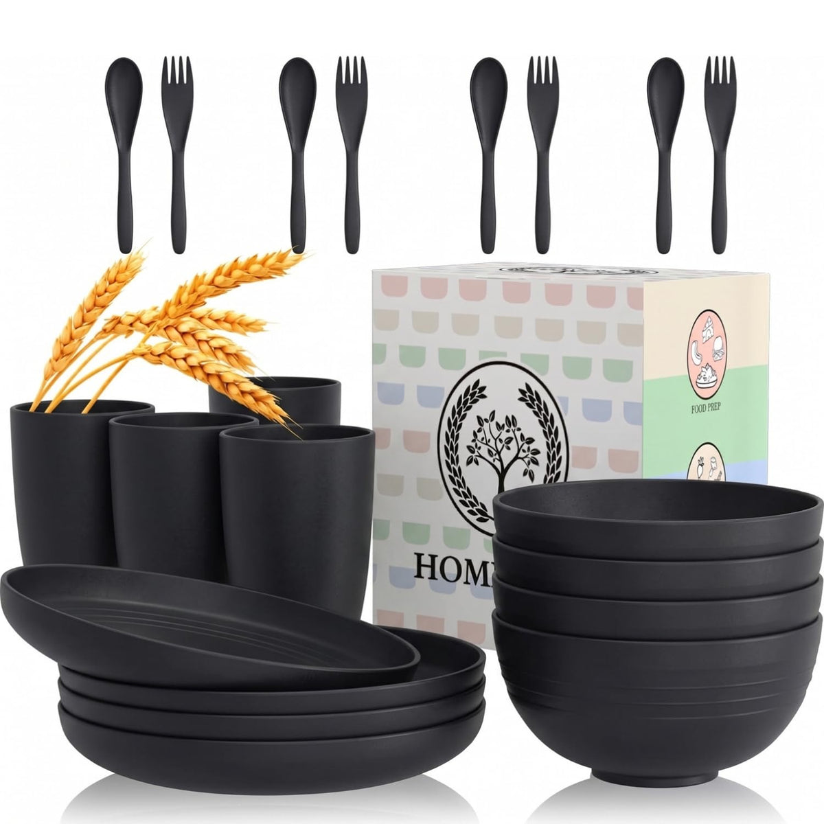 Homienly Wheat Straw Dinnerware Sets 20 PCS Plates and Bowls Sets Microwave and Dishwasher Safe Dish Set Unbreakable Camping Dish Set Cups and Plates Sets for Kitchen, Picnic, RV (Multilight)