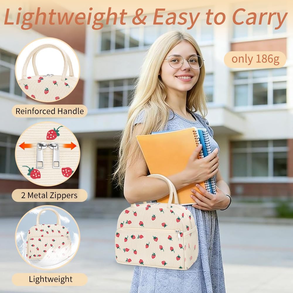 Coobiiya Lunch Bag Lunch Box for Women Men, Reusable Cute Corduroy Lunchbag - Leakproof, Insulated LunchBox Tote with Large Capacity, Dot