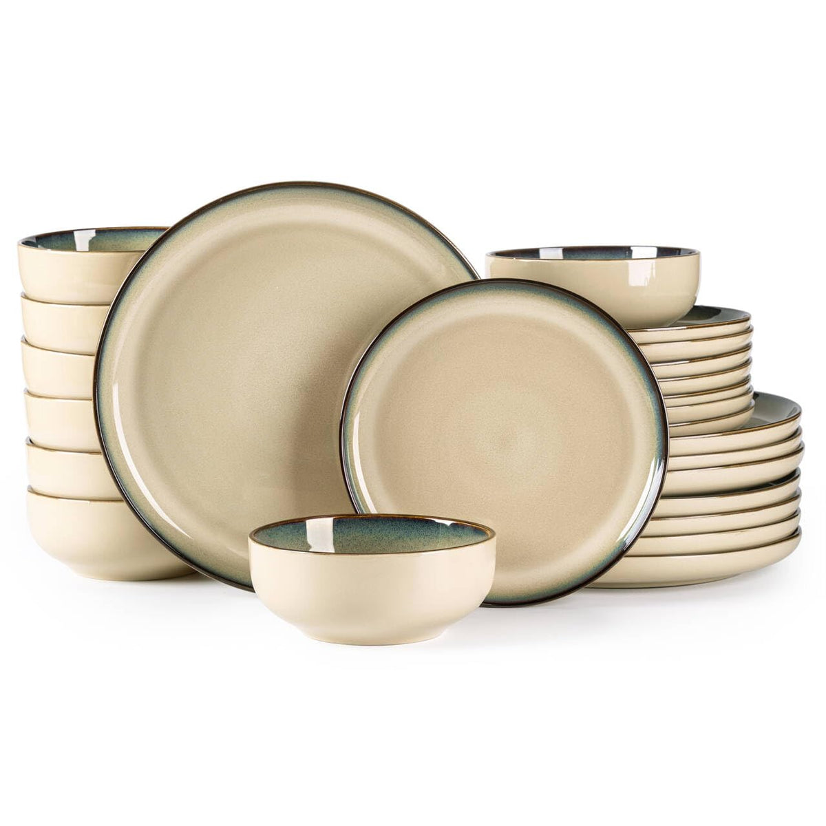 GBHOME Ceramic Dinnerware Sets for 8, 24 Pieces Stoneware Plates and Bowls Sets, Scratch Resistant Dishes, Dishwasher & Microwave Safe, Reactive Glaze-Green Wheat