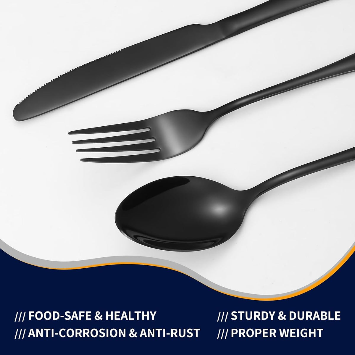 Lazycorner 60-Piece Black Silverware Set with Steak Knives Black Stainless Steel Flatware Set for 10 Food Grade Tableware Cutlery Set Rust-proof, Mirror Polished, Dishwasher Safe