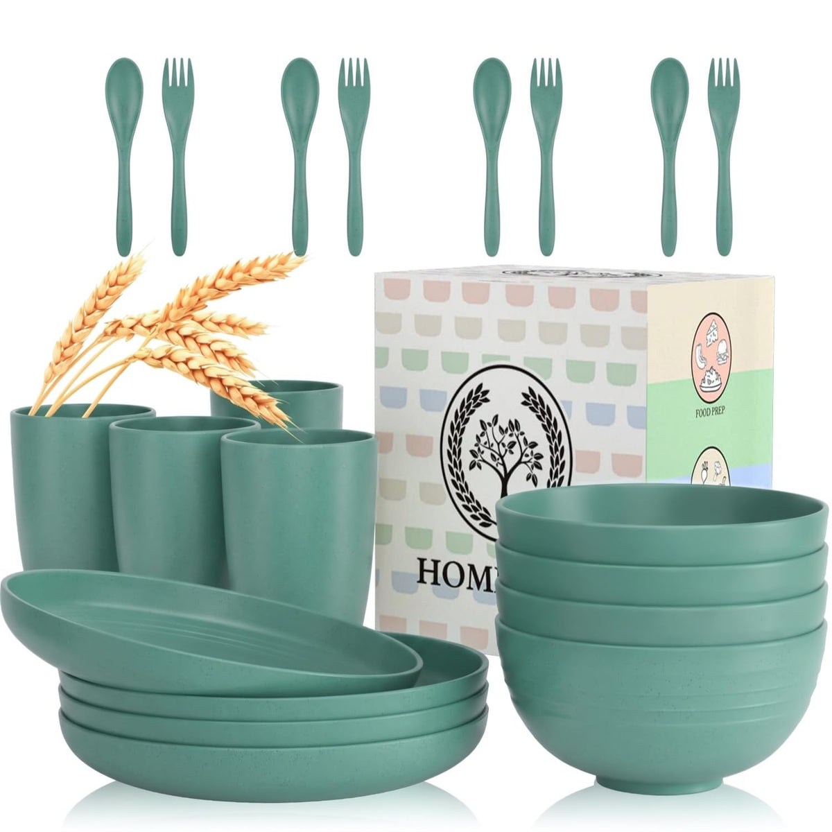 Homienly Wheat Straw Dinnerware Sets 20 PCS Plates and Bowls Sets Microwave and Dishwasher Safe Dish Set Unbreakable Camping Dish Set Cups and Plates Sets for Kitchen, Picnic, RV (Multilight)