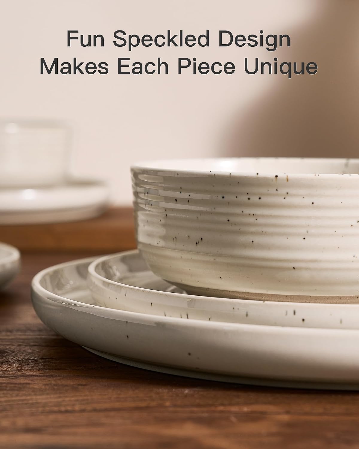 Stoneware Dinnerware Sets for 4, Reactive Glaze Plates & Bowls, Shell Beige