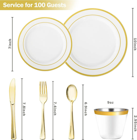 N9R 600PCS White and Gold Plastic Plates, Disposable Dinnerware Set