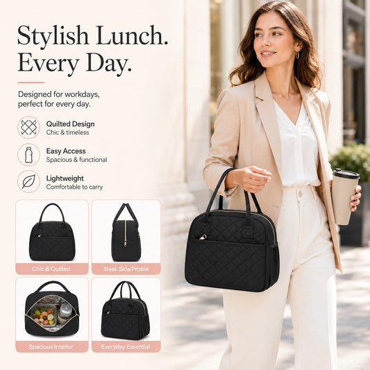CAMTOP Lunch Box for Women Insulated Lunch Bag Lunchbox Cooler Thermal Leakproof Quilted Reusable Lunch Tote Bag for Work School Travel Picnic (Black)