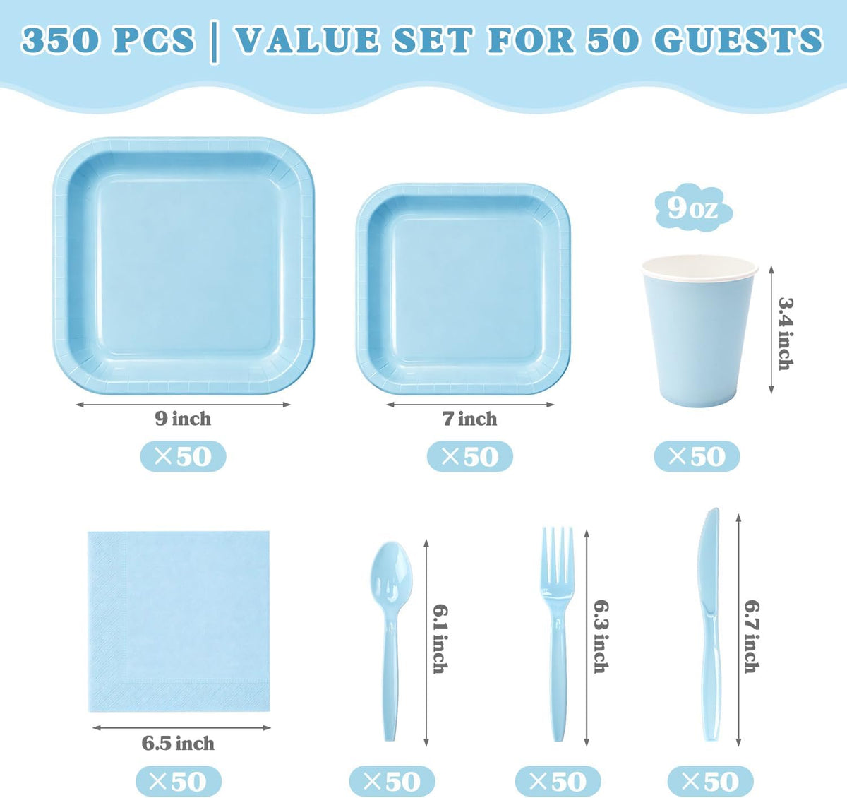 Vyntra 350 Pcs Light Blue Square Paper Plates and Napkins Set, Serves 50