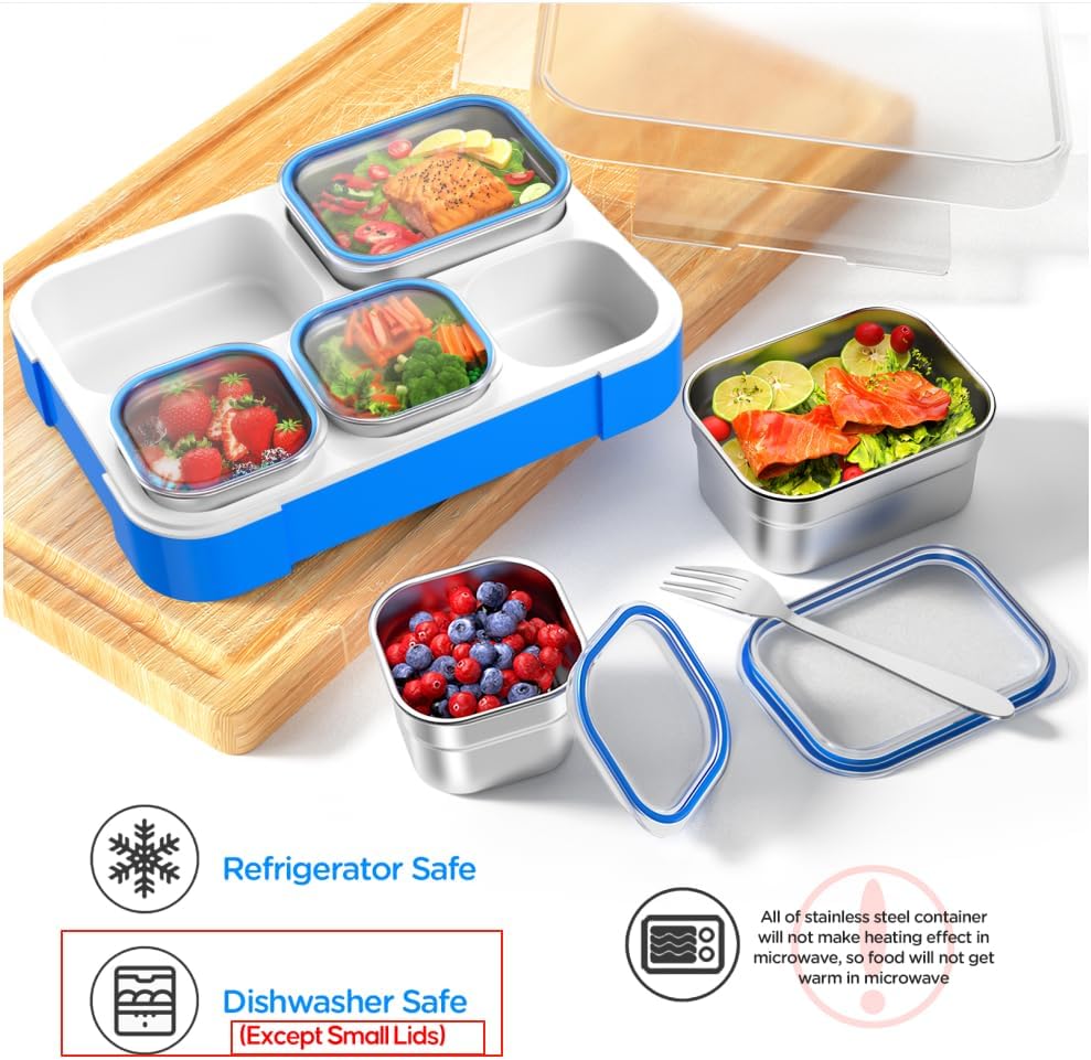 Lunch Box Stainless Steel Bento for Kids Adults Leakproof BPA-Free with Lunch Bag Metal Lunch Containers Tray 5-Compartment with Fork for Boy Food Snack Containers for School Outdoors Navy-Blue