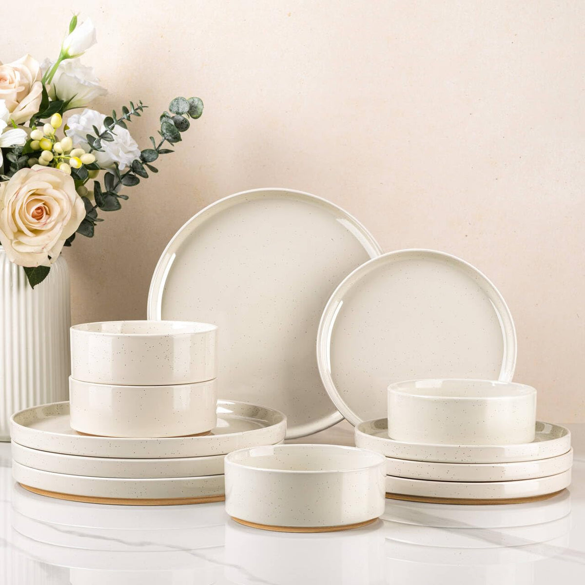 AmorArc Stoneware Dinnerware Sets for 4,12Pcs Plates and Bowls Set