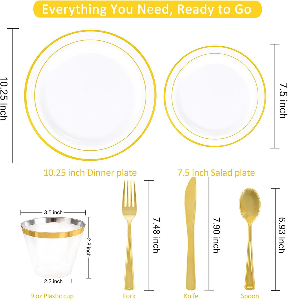 WELLIFE Disposable Plates & Gold Silverware Set, 350 Pieces for 50 Guests