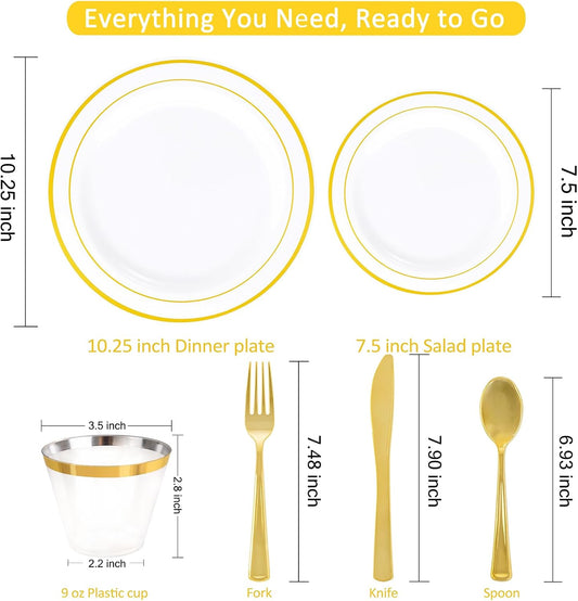 WELLIFE Disposable Plates & Gold Silverware Set, 350 Pieces for 50 Guests