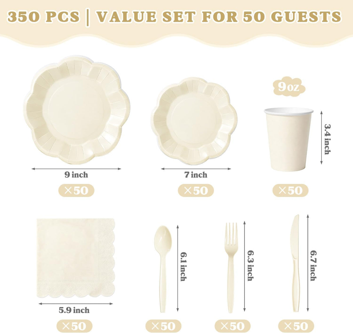 Vyntra Ivory Paper Plates, Cups & Napkins, 350 Pcs Scalloped Party Set