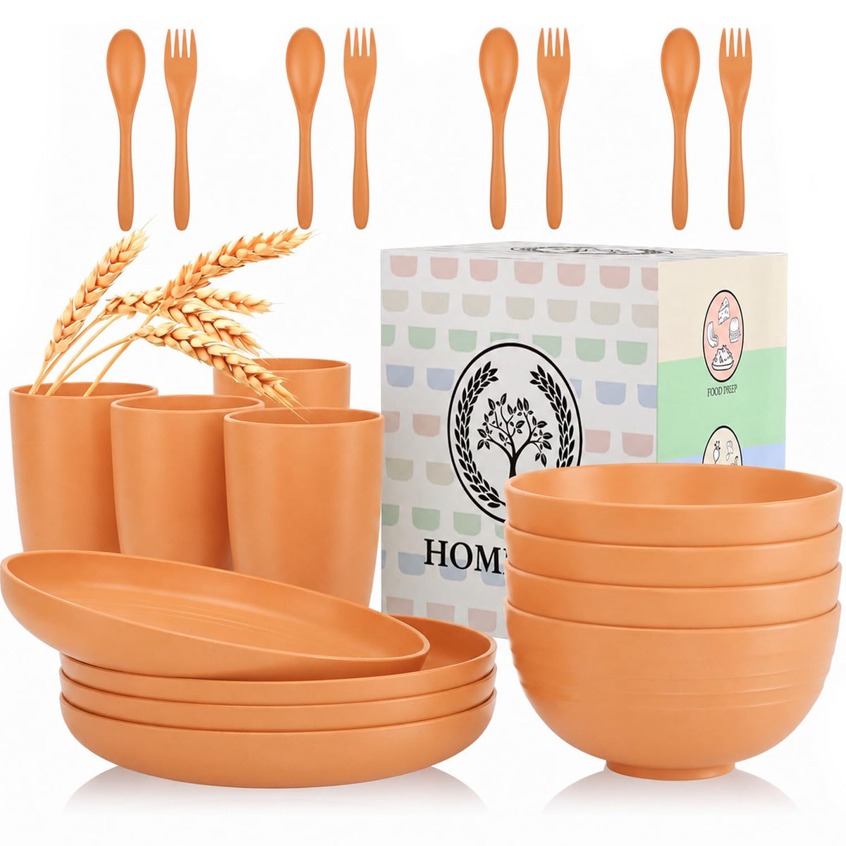 Homienly Wheat Straw Dinnerware Sets 20 PCS Plates and Bowls Sets Microwave and Dishwasher Safe Dish Set Unbreakable Camping Dish Set Cups and Plates Sets for Kitchen, Picnic, RV (Multilight)