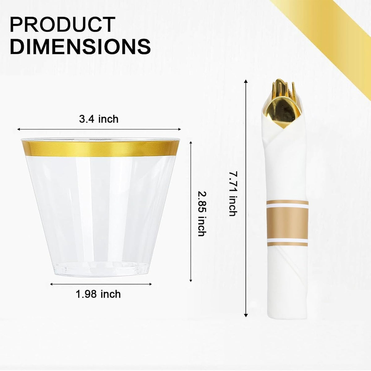 M MCIRCO 350 Piece Gold Dinnerware Set,100 Plastic Plates, 50 Cups,50 Pre Rolled Napkins with Plastic Silverware, Disposable Gold Dinnerware Set for 50 Guest