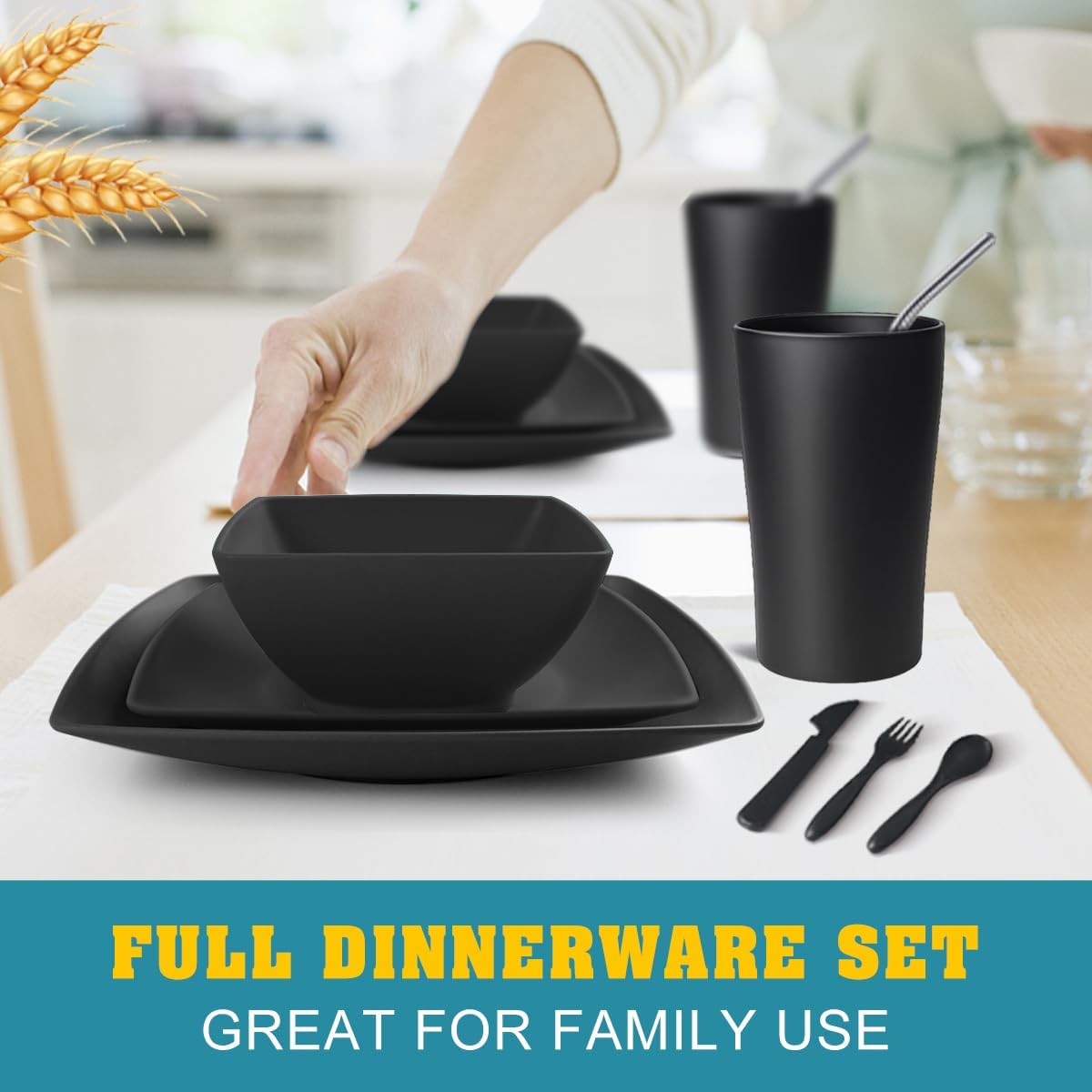 Teivio 44-piece With Flatware Plates and Bowls Sets, Black Dishes Set for 4