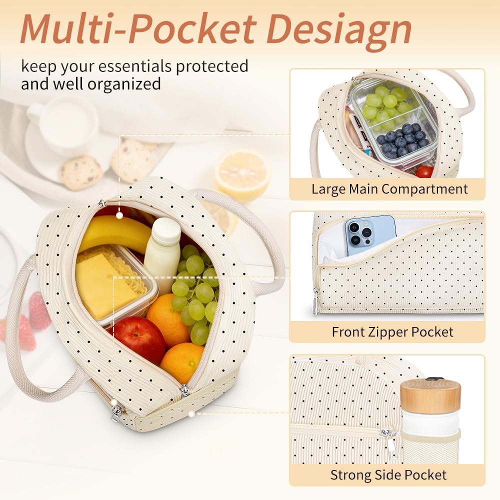Coobiiya Lunch Bag Lunch Box for Women Men, Reusable Cute Corduroy Lunchbag - Leakproof, Insulated LunchBox Tote with Large Capacity, Dot