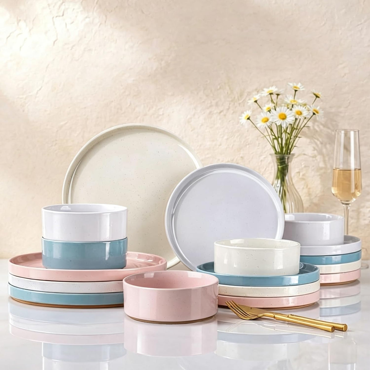 AmorArc Stoneware Dinnerware Sets for 4,12Pcs Plates and Bowls Set