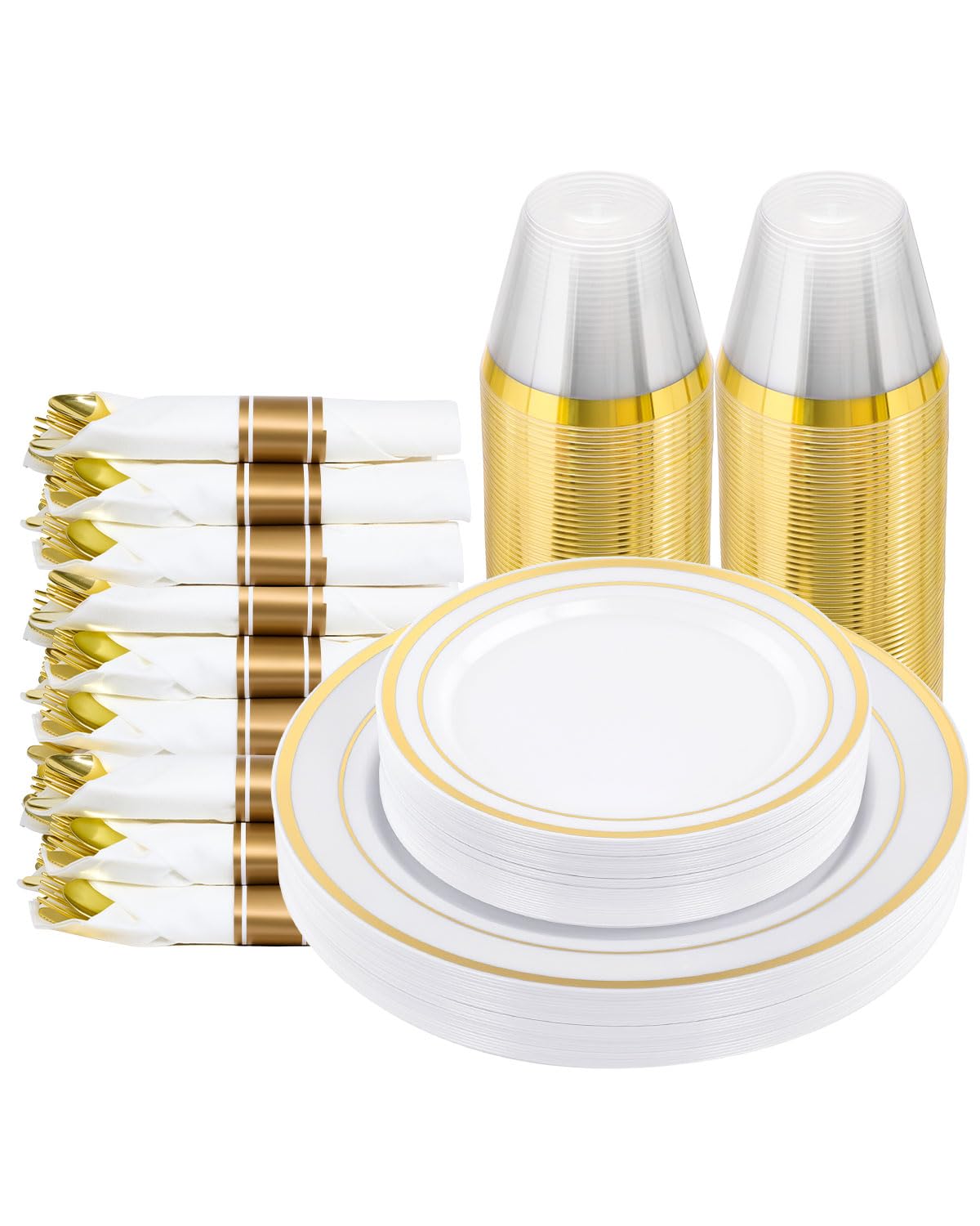 realluck 350 PCS White and Silver Plastic Dinnerware Set for 50 Guests, 100 Disposable Plates for Party, 50 Pre Rolled Napkins with Silver Silverware, 50 Cups