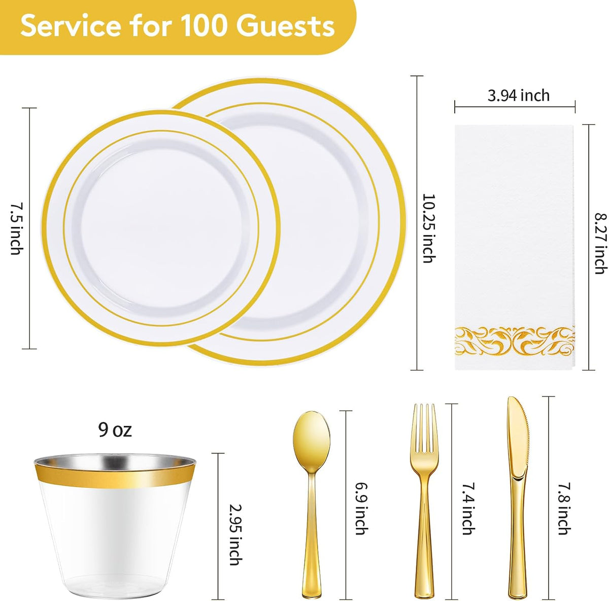Goodluck 700 Piece Gold Dinnerware Set for 100 Guests, Disposable Plate Set