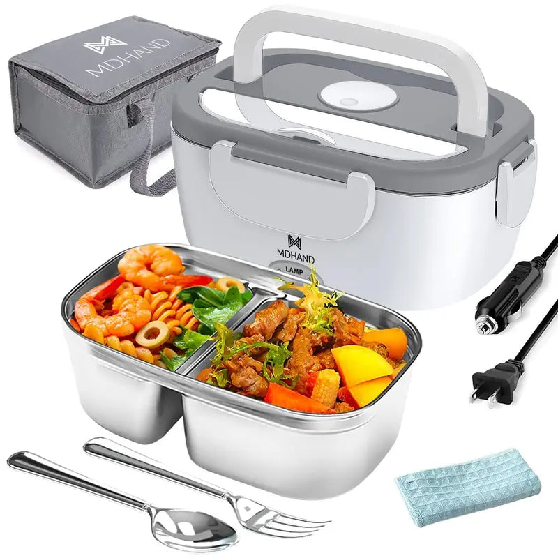 2-in-1 Electric Heating Durable Bento Box for Adults - Leakproof Lunch Box with Handle, 4 Removable Stainless Steel Containers, 2 Plugs (110V-12V-24V 60W) for Car/Truck/Home, Kitchenware Tableware