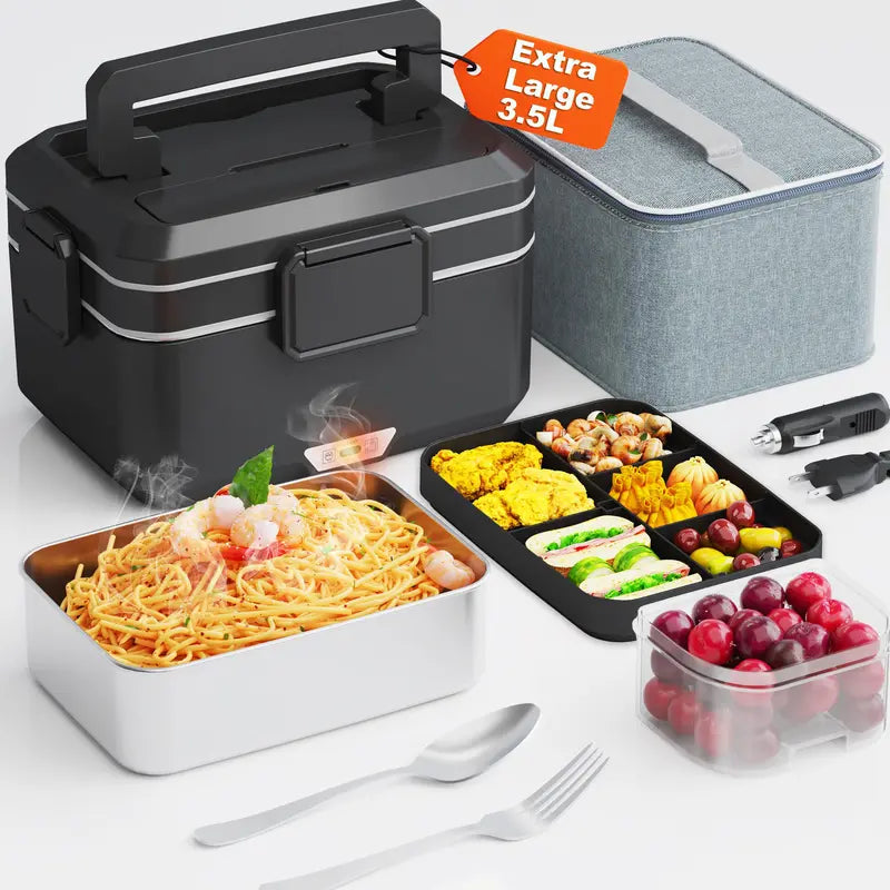 Nifogo 1-Layer Electric Heated Lunch Box - Thermal, 1.5L/1.8L/2.5L Fast Heating, Leak-Proof Insulated, 110V-12V-24V Portable with Tableware Inside & Insulated Lunch Bag for Home, Work