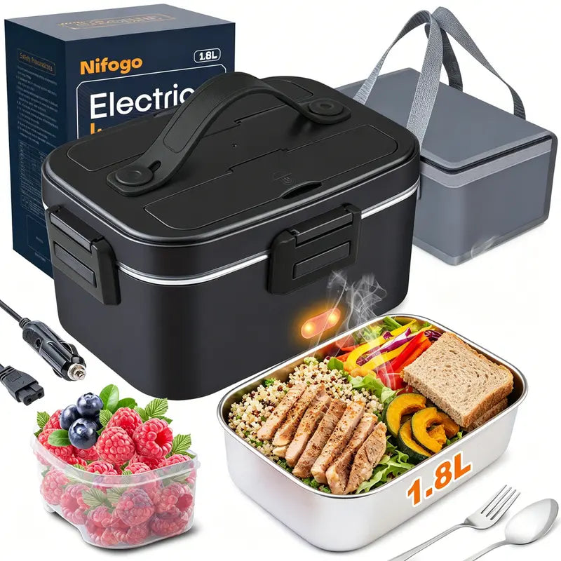 100W Fast-Heating Thermal Lunch Box for Adults, Portable Plastic Insulated Lunch Box with Insulated Bag, 12V/24V Car & 110V Home Dual Use, Rainproof Plug Lonchera Electrica