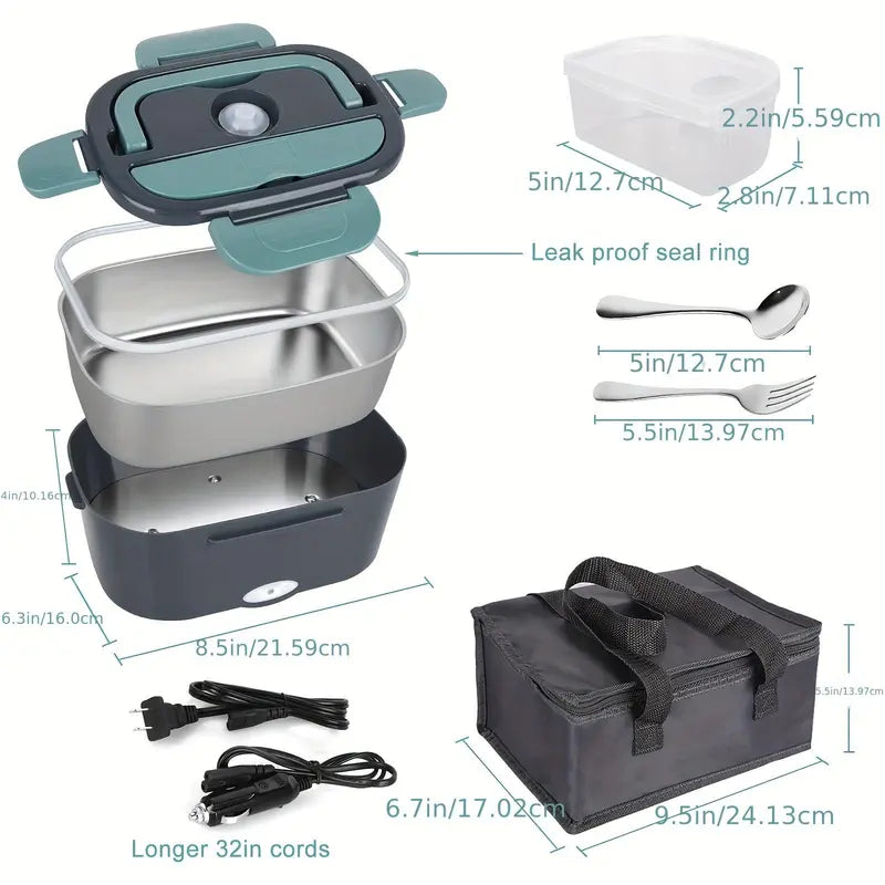 2026 60W Electric Lunch Box, 60.87oz Larger Food Warmer with Self-Heating Function, 12V-24V-110V Portable Heater for Car, Truck, Travel, Leakproof Removable Container with Tableware for Adults
